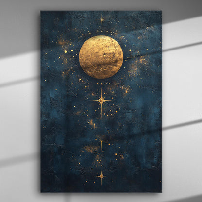 Golden moon and stars on a dark blue background canvas print.