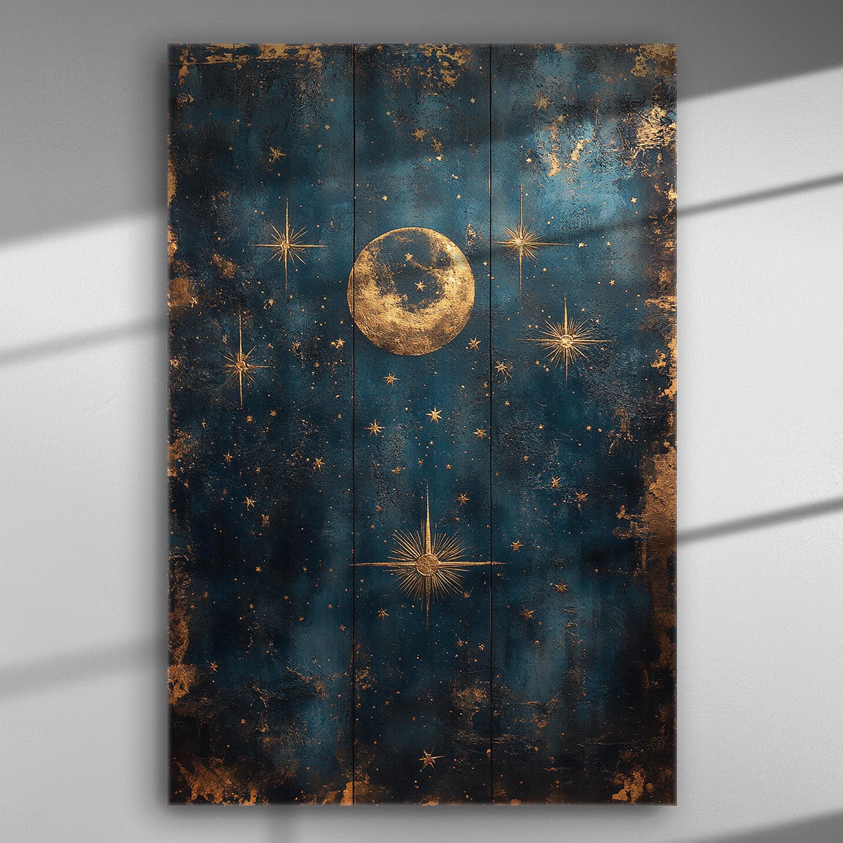 Canvas print of a celestial scene with a golden moon and stars on a deep blue background.
