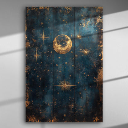 Canvas print of a celestial scene with a golden moon and stars on a deep blue background.