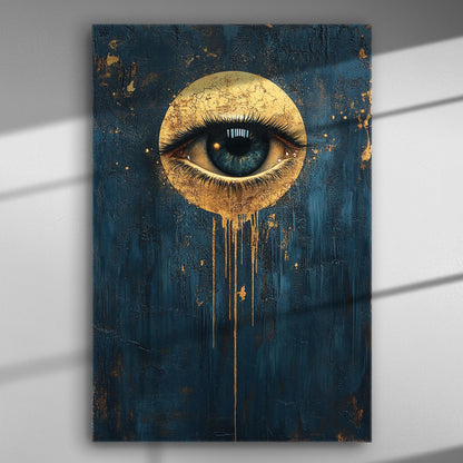 Eye on a blue and gold textured canvas print, with abstract design and dramatic colors.
