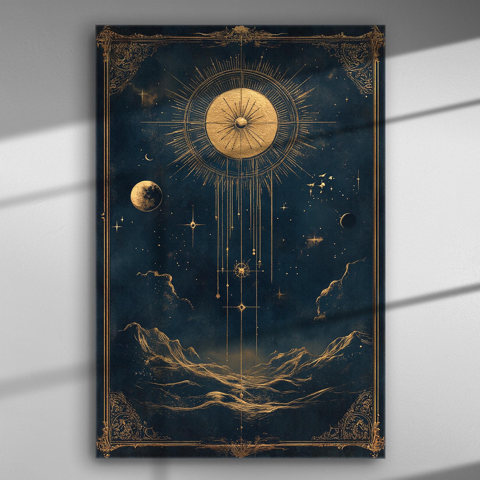 Cosmic art canvas with gold sun bursting and celestial bodies, surrounded by decorative borders.