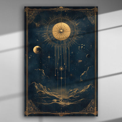 Cosmic art canvas with gold sun bursting and celestial bodies, surrounded by decorative borders.