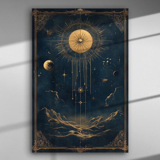 Cosmic art canvas with gold sun bursting and celestial bodies, surrounded by decorative borders.