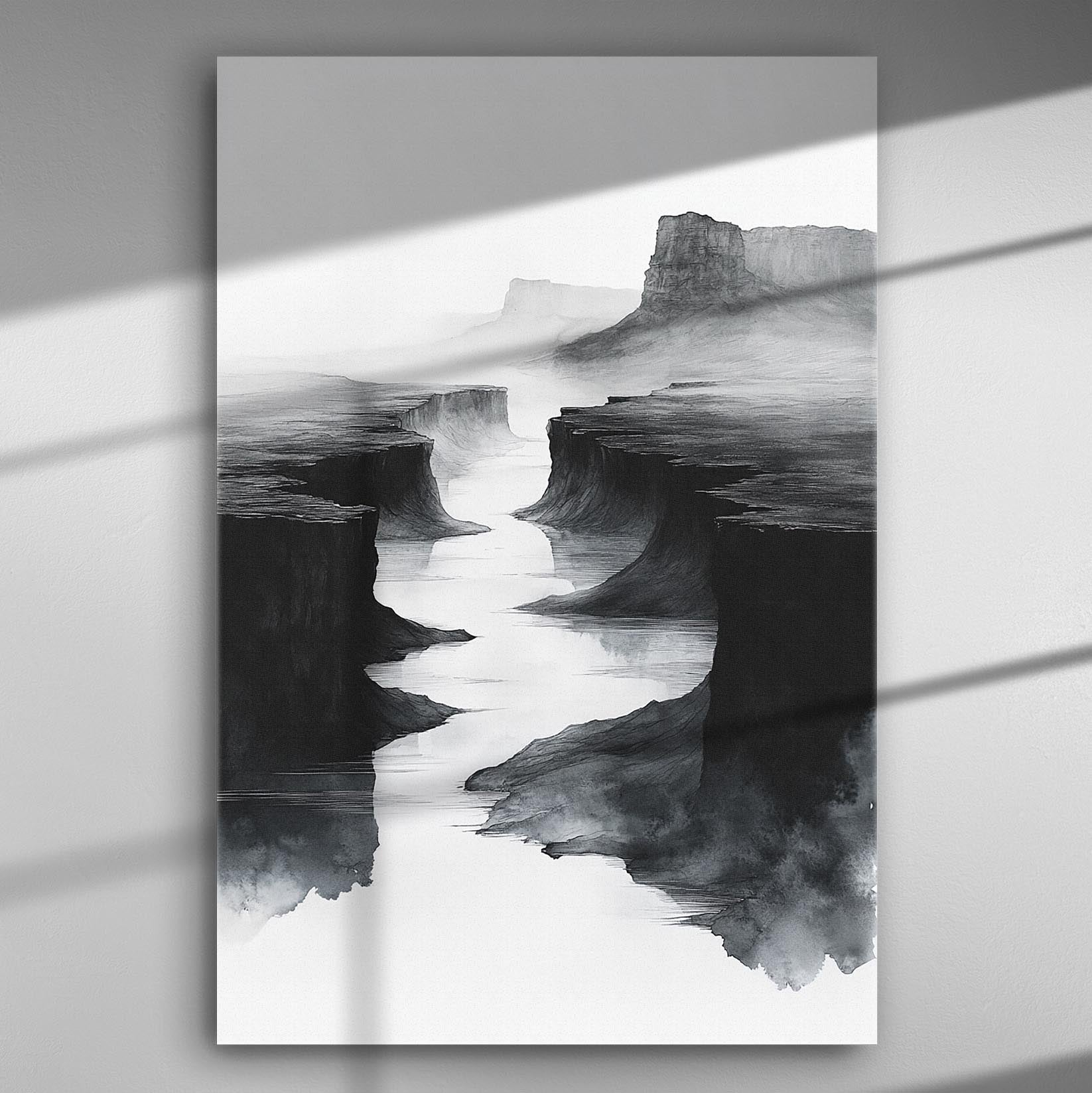 Mysterious black and white canyon landscape shrouded in fog canvas art