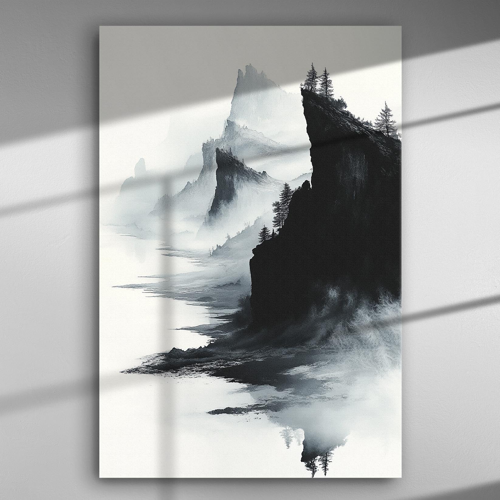 Canvas print of a misty mountainous landscape with trees and cliffs.
