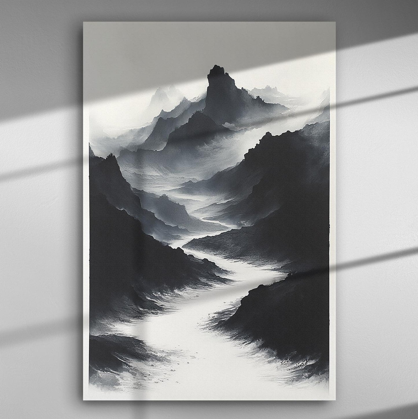 A monochrome painting of misty mountains on canvas, ideal for home or office decor.