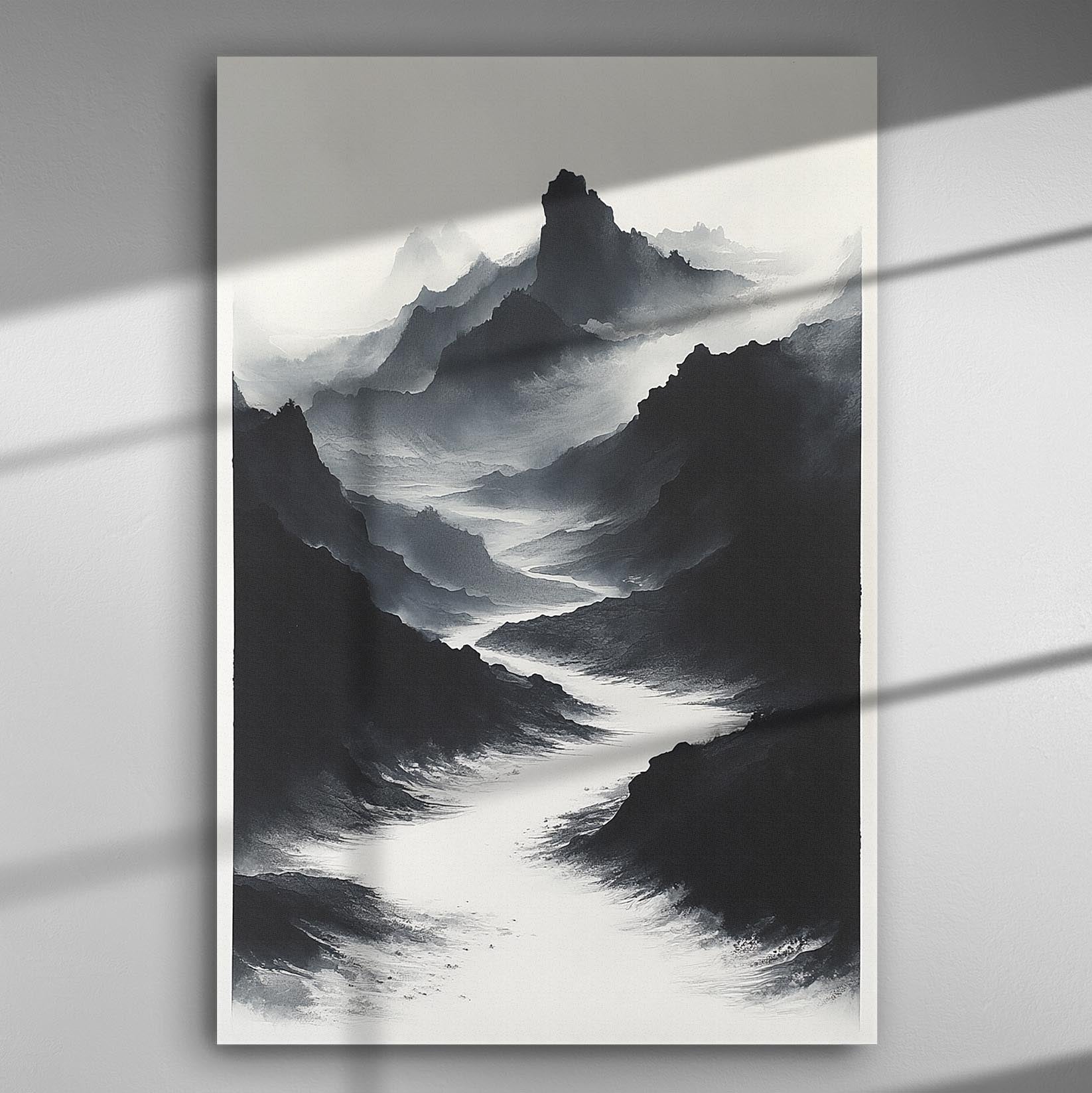 A monochrome painting of misty mountains on canvas, ideal for home or office decor.