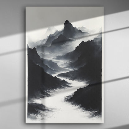 A monochrome painting of misty mountains on canvas, ideal for home or office decor.