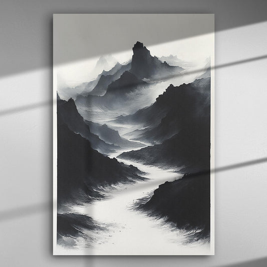 A monochrome painting of misty mountains on canvas, ideal for home or office decor.