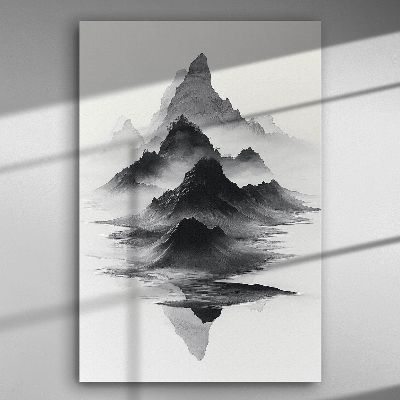 Misty mountain landscape with misty peaks emerging from fog, monochromatic tones of black and gray.