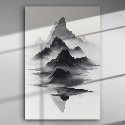 Misty mountain landscape with misty peaks emerging from fog, monochromatic tones of black and gray.