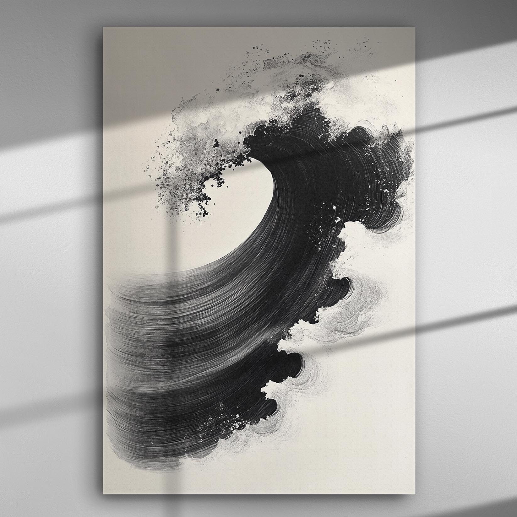 Abstract wave art in black and white on canvas, modern minimalist design.