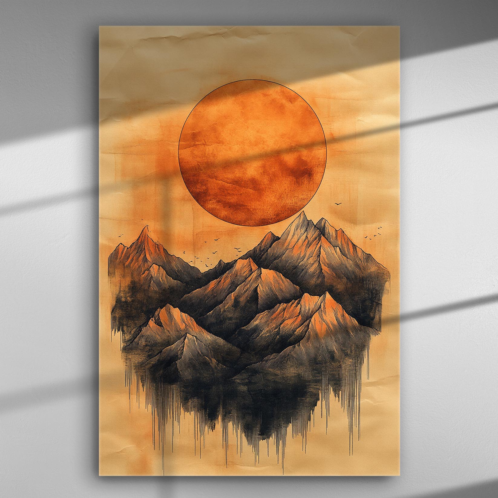Canvas painting of red sun over mountainous landscape with earthy tones.