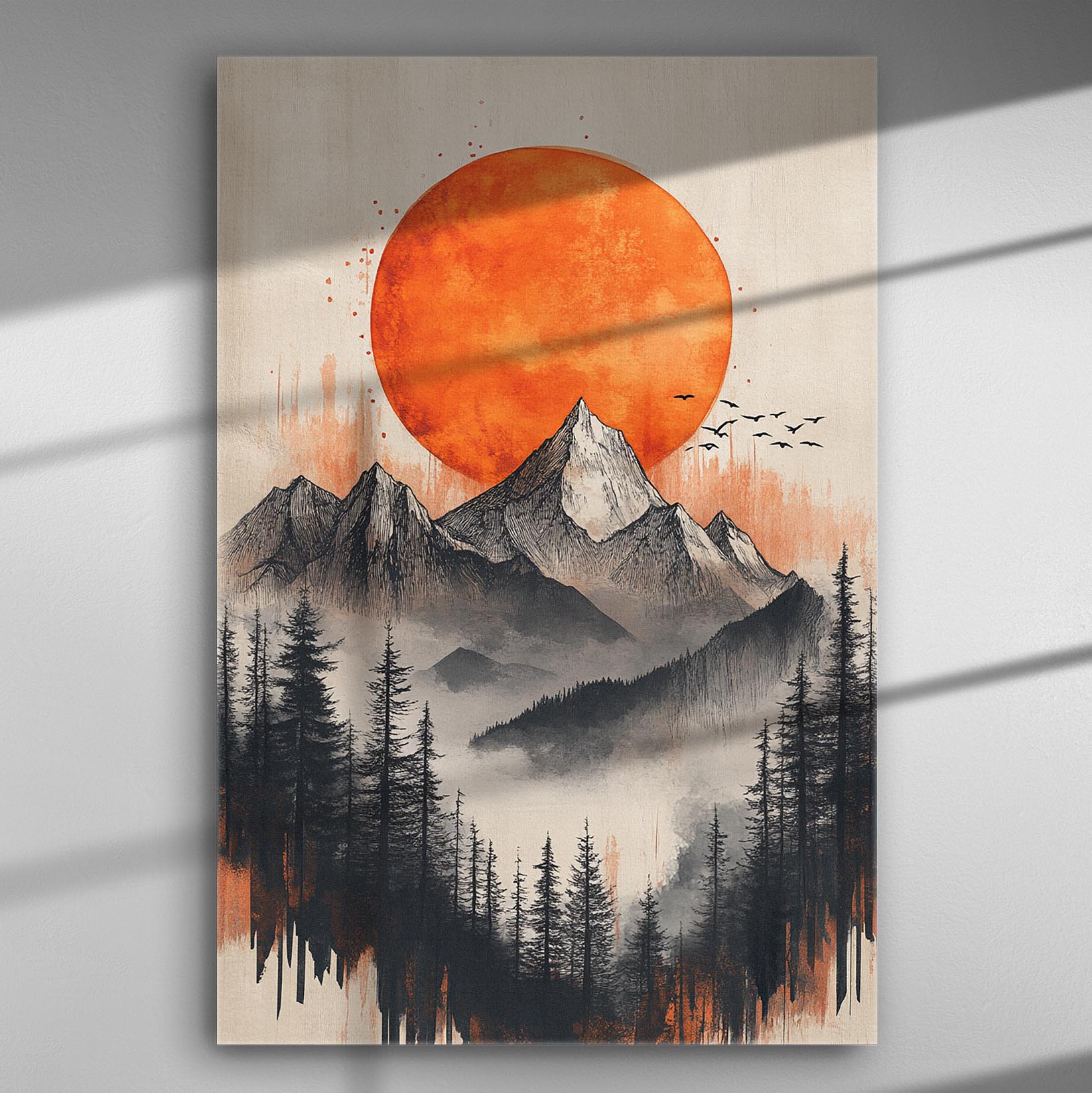 Canvas print of a vibrant orange sunset illuminating mountain peaks with silhouetted trees.