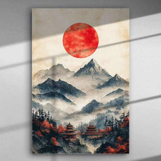 Japanese landscape canvas with sunset, mountains, and traditional architecture.