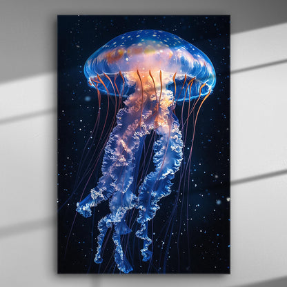 Canvas print of a luminous jellyfish floating gracefully in the ocean, with vibrant blue and purple hues.