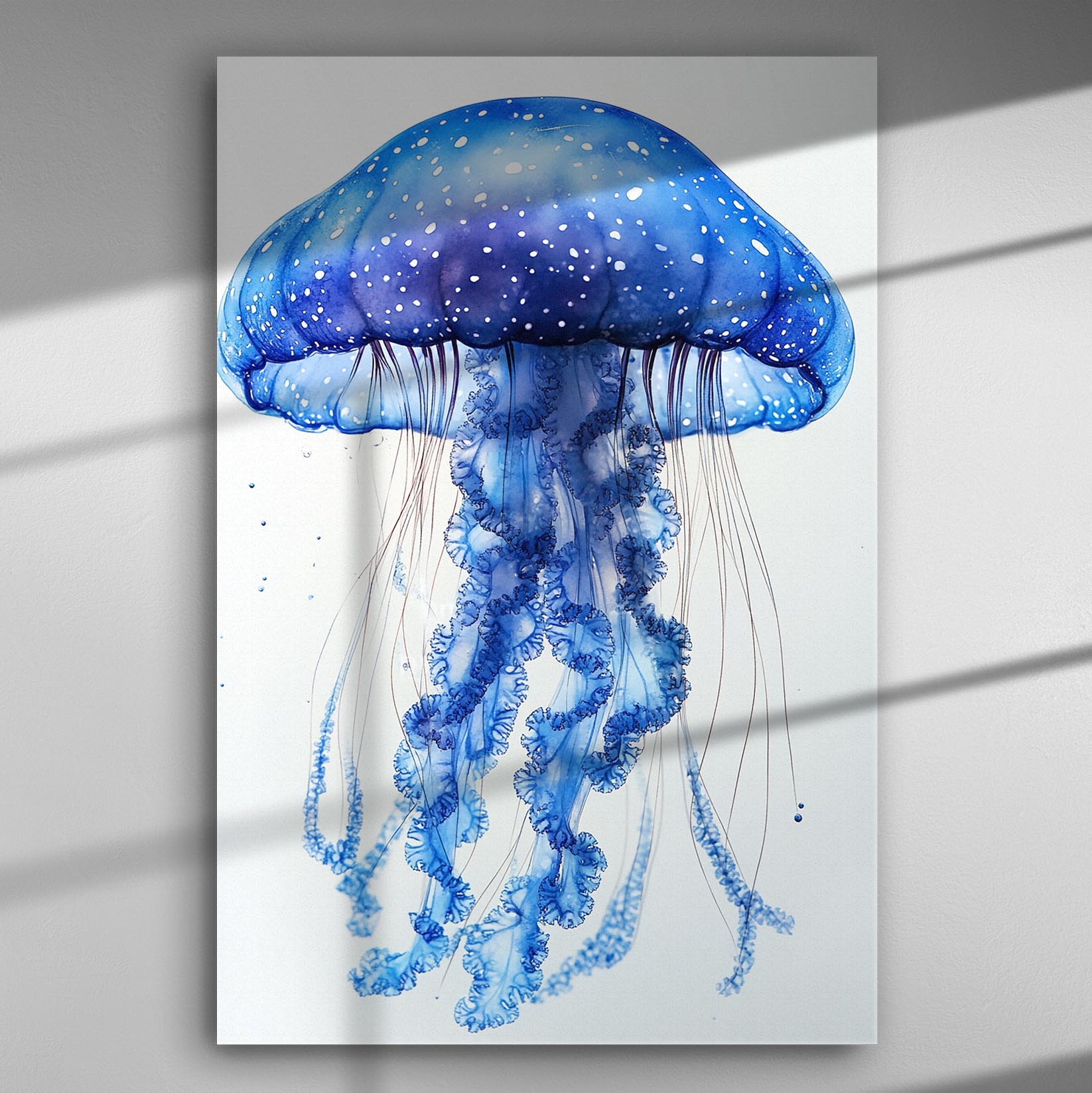 Stunning canvas art print of a blue jellyfish with flowing tentacles in vibrant and detailed watercolor style.