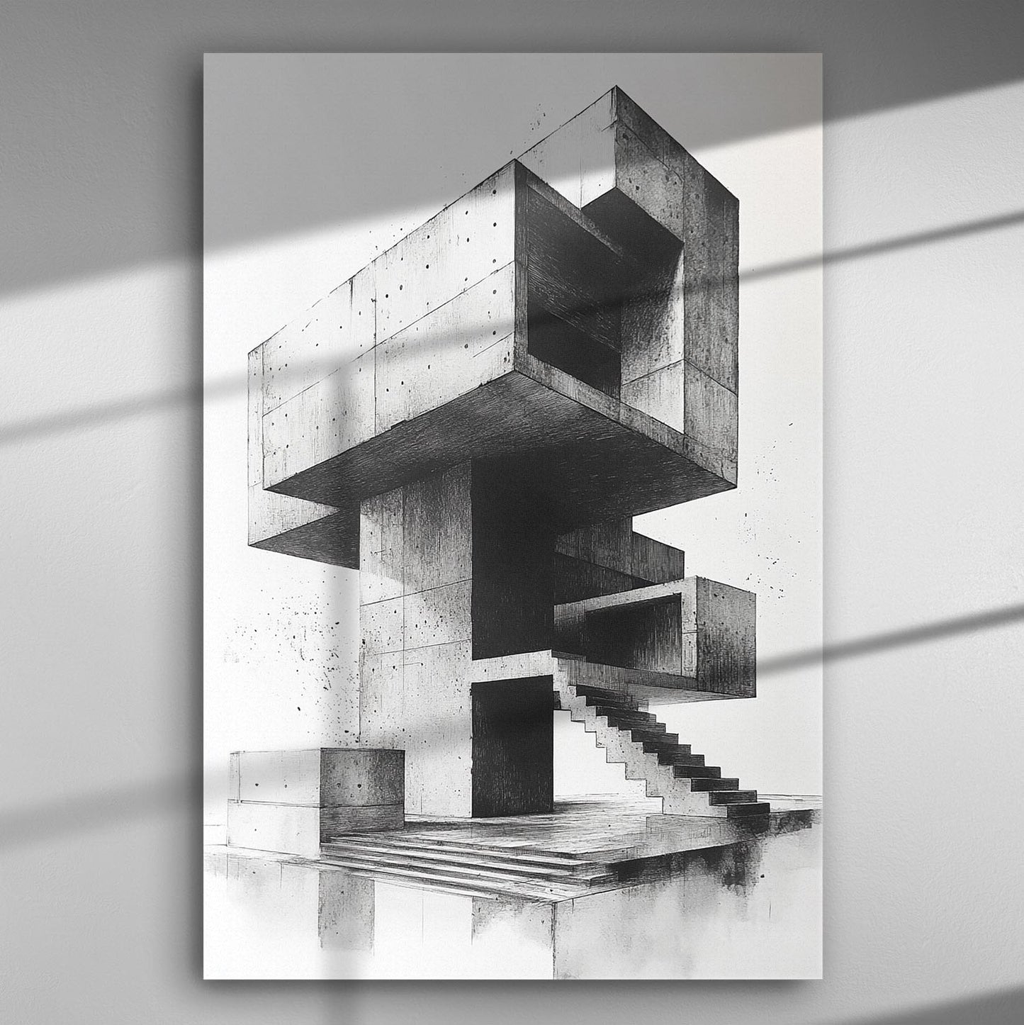 Abstract architectural black and white canvas with geometric shapes and staircases.