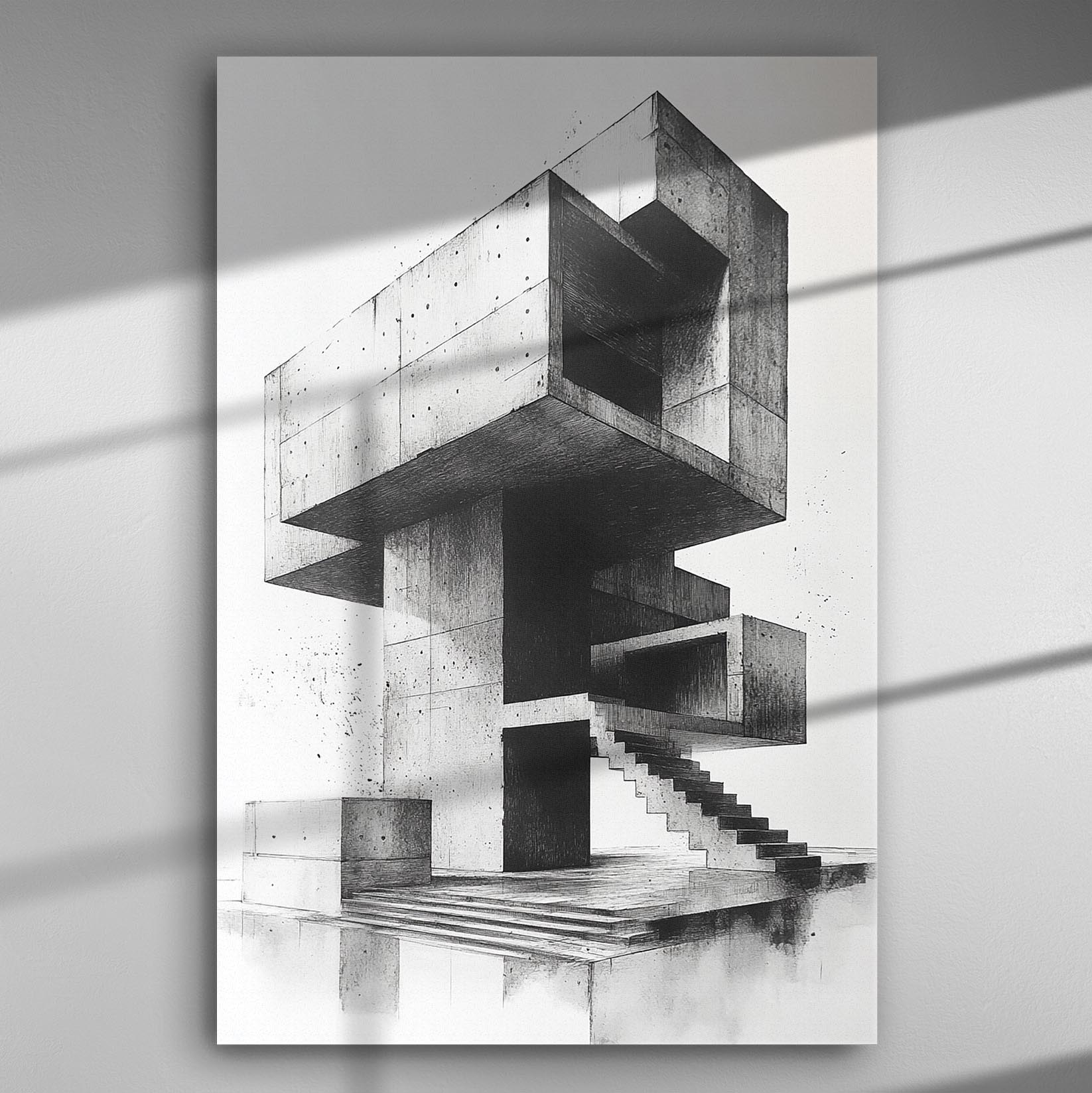 Abstract architectural black and white canvas with geometric shapes and staircases.