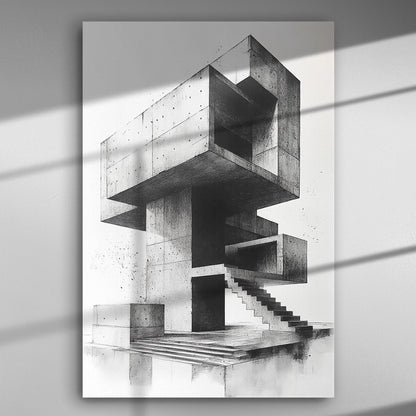 Abstract architectural black and white canvas with geometric shapes and staircases.