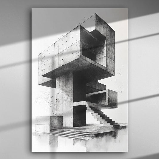Abstract architectural black and white canvas with geometric shapes and staircases.