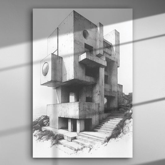 A modern geometric architecture canvas print in grayscale, showcasing abstract building structures.