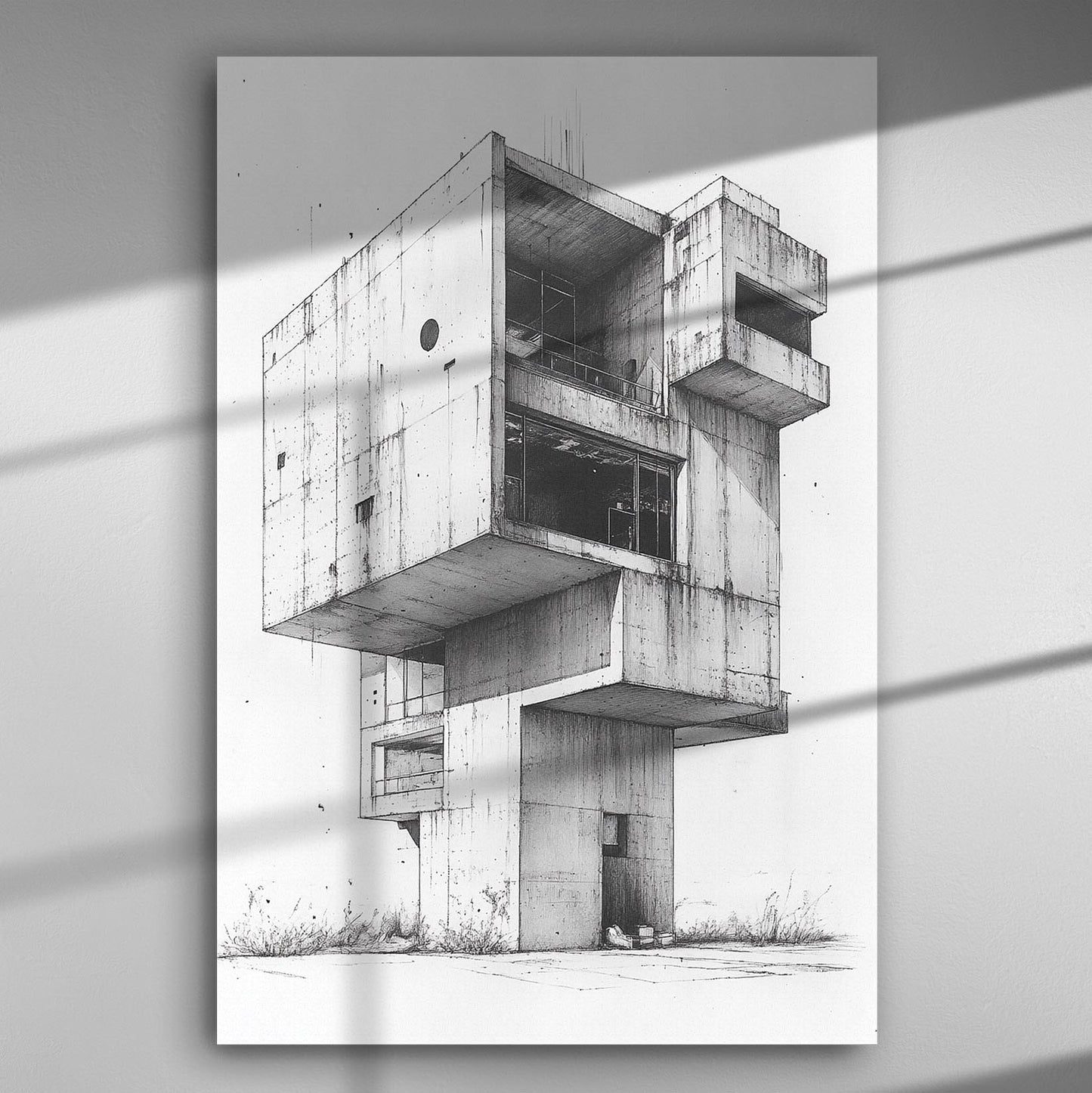 Black and white architectural canvas print of a modern concrete structure.