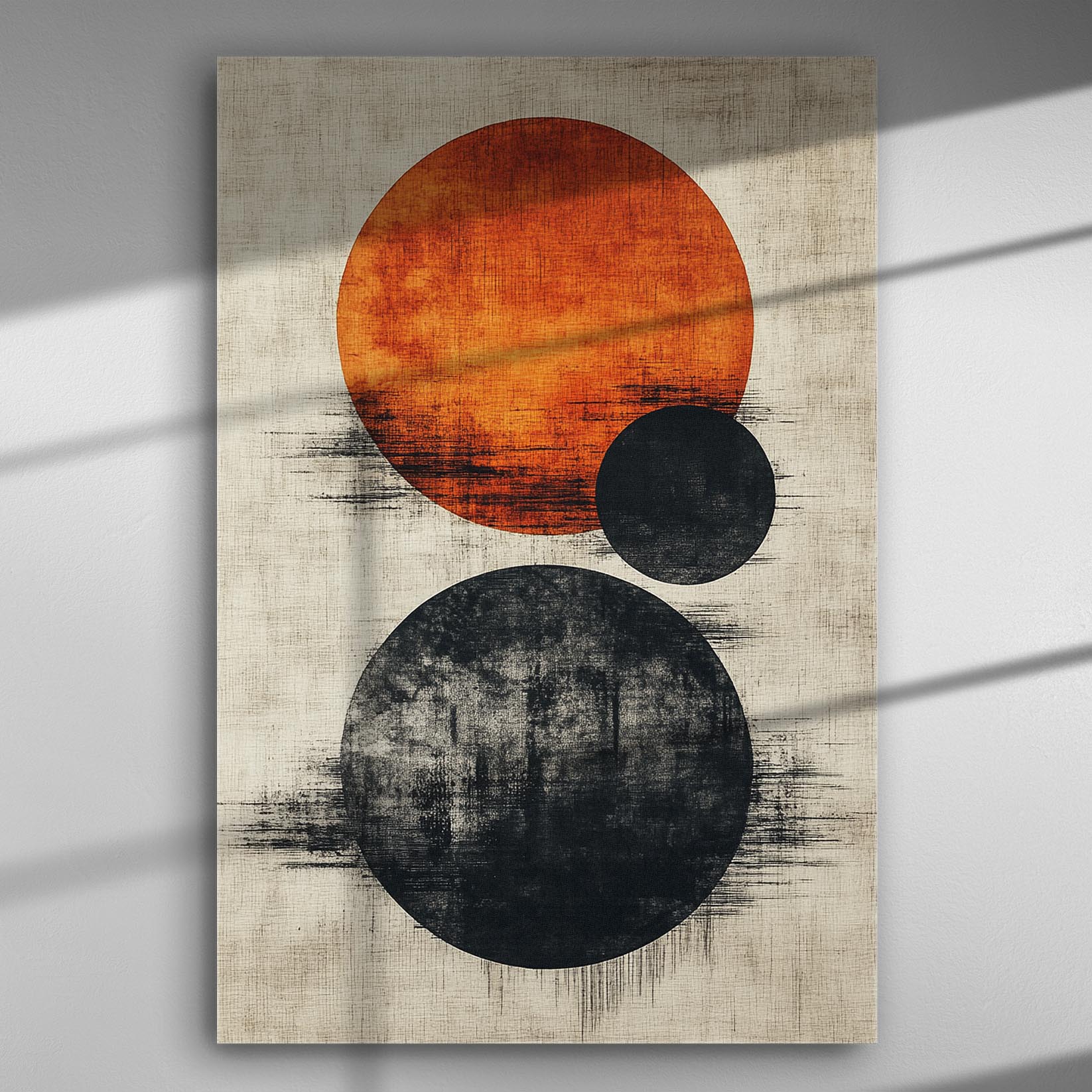 Abstract canvas with circular shapes in orange and black on a textured background