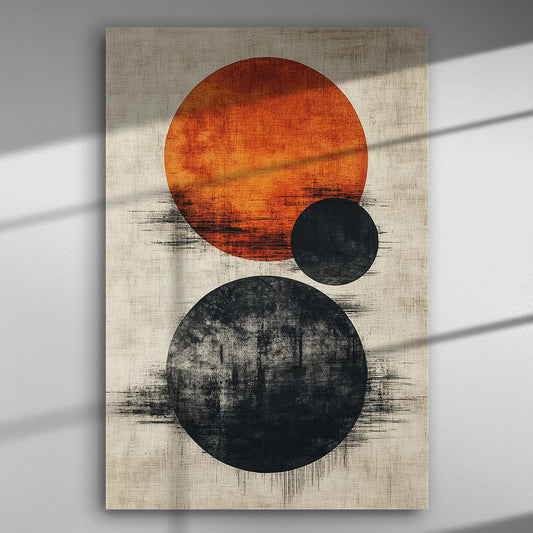Abstract canvas with circular shapes in orange and black on a textured background