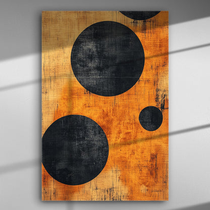 Canvas print featuring bold black circles on an orange-yellow textured background, creating a geometric abstract art piece.