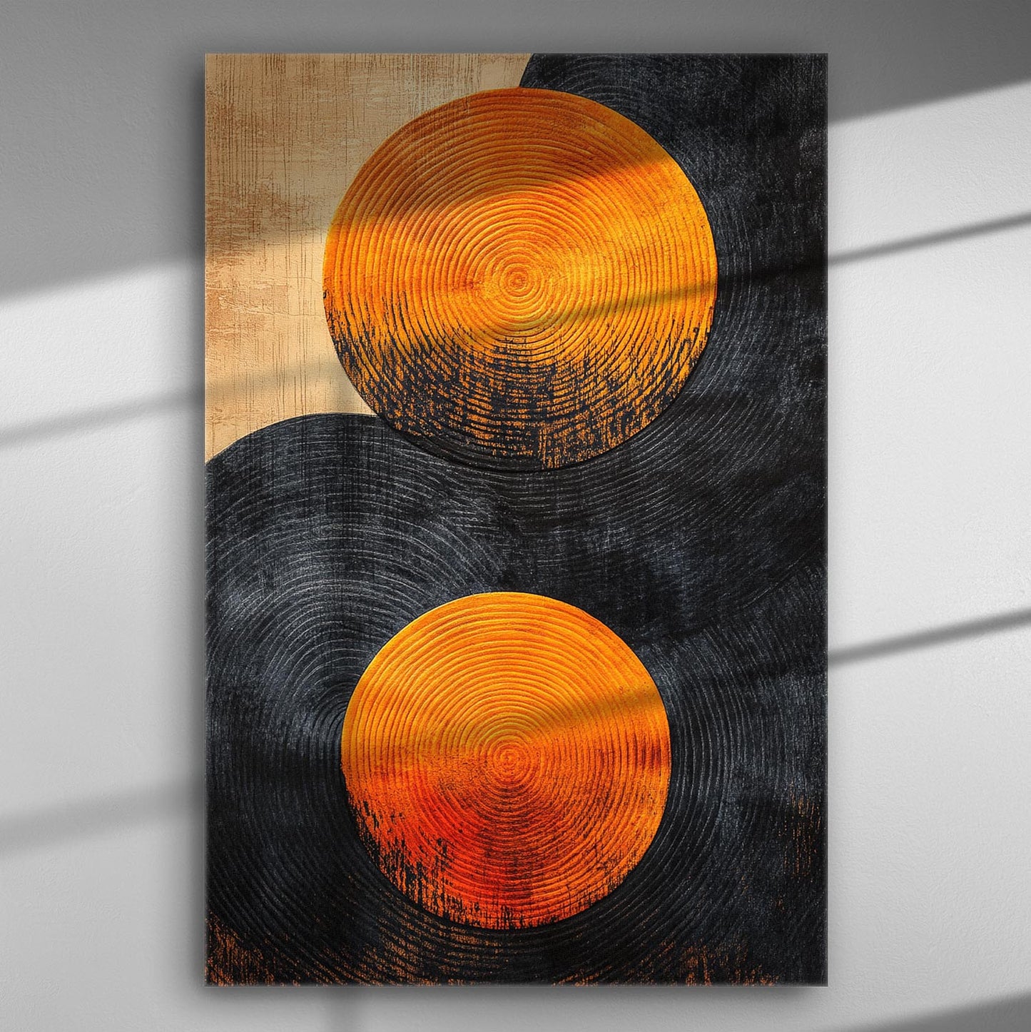 Abstract geometric canvas with orange and black circular patterns.