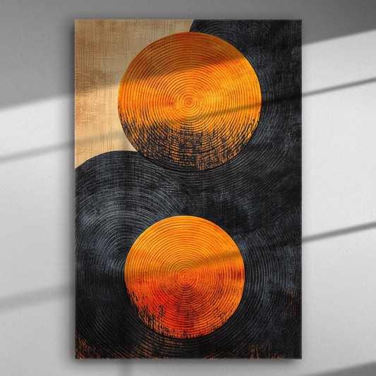 Abstract geometric canvas with orange and black circular patterns.