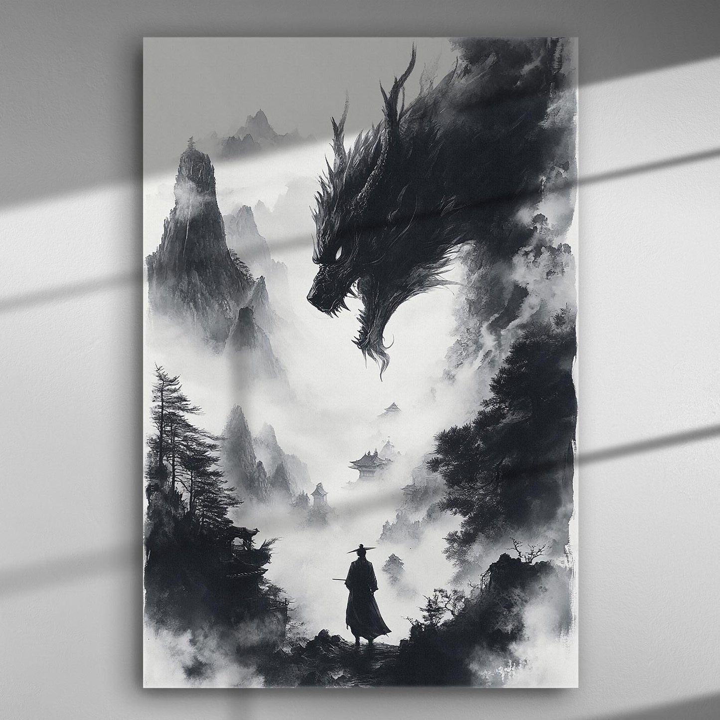 Black and white illustration of a dragon emerging from clouds with a lone warrior in a mountainous landscape.