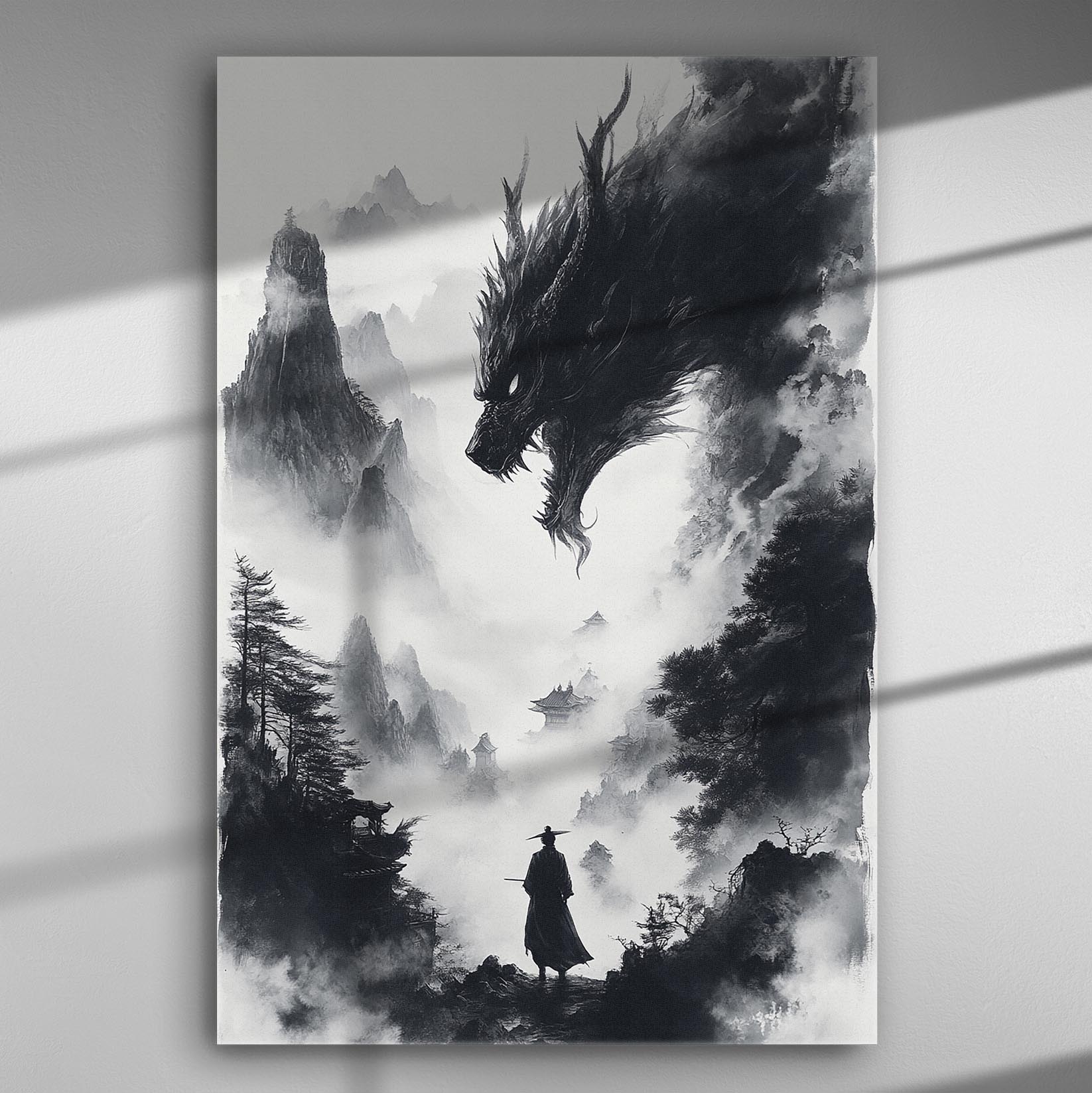 Black and white illustration of a dragon emerging from clouds with a lone warrior in a mountainous landscape.