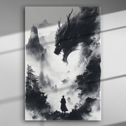 Black and white illustration of a dragon emerging from clouds with a lone warrior in a mountainous landscape.