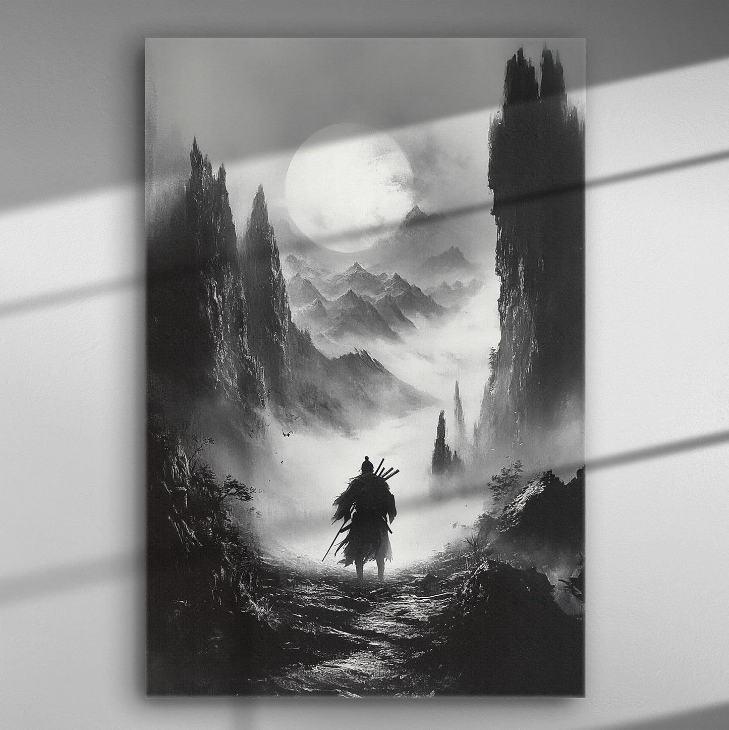 A warrior walking in a misty landscape with mountains and a large moon in the background, black and white canvas art.
