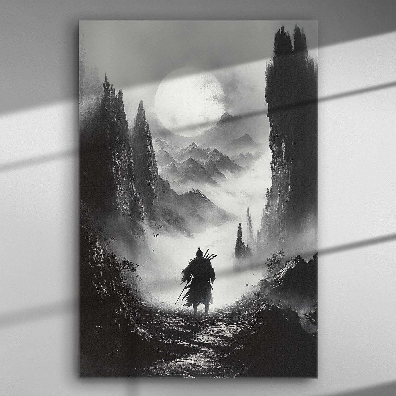 A warrior walking in a misty landscape with mountains and a large moon in the background, black and white canvas art.