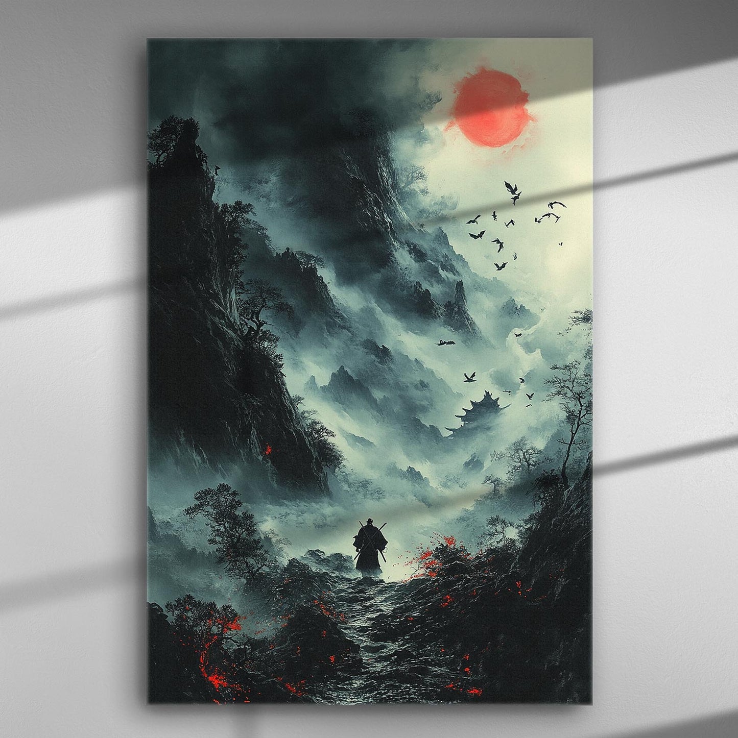 Samurai warrior standing on a mountain path with a red sun and dramatic landscape.