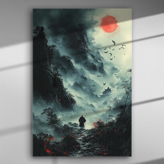 Samurai warrior standing on a mountain path with a red sun and dramatic landscape.
