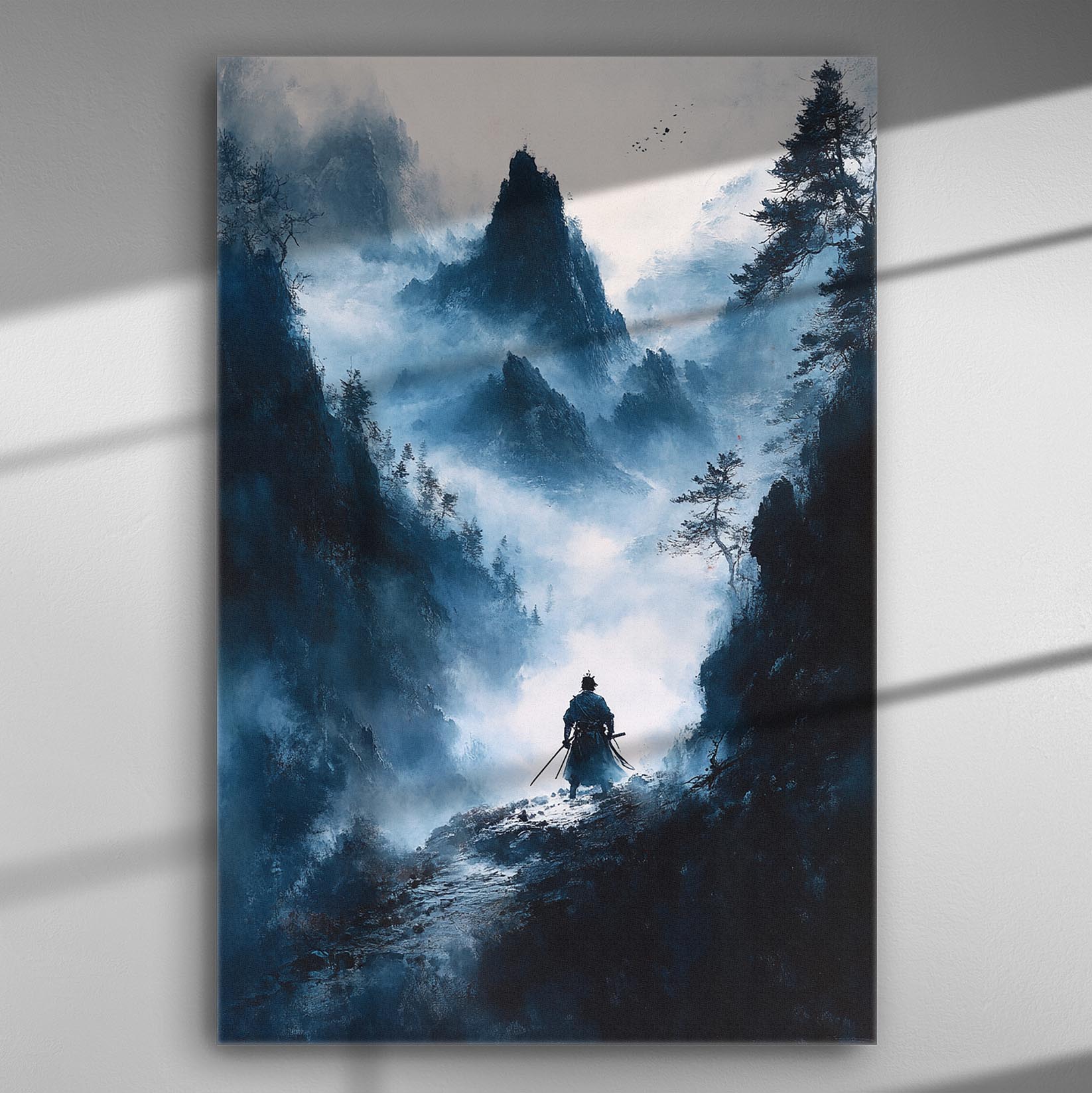 A lone warrior stands amidst misty mountains with a dramatic atmosphere in blue and grey tones.
