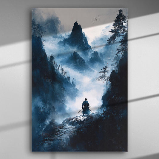 A lone warrior stands amidst misty mountains with a dramatic atmosphere in blue and grey tones.