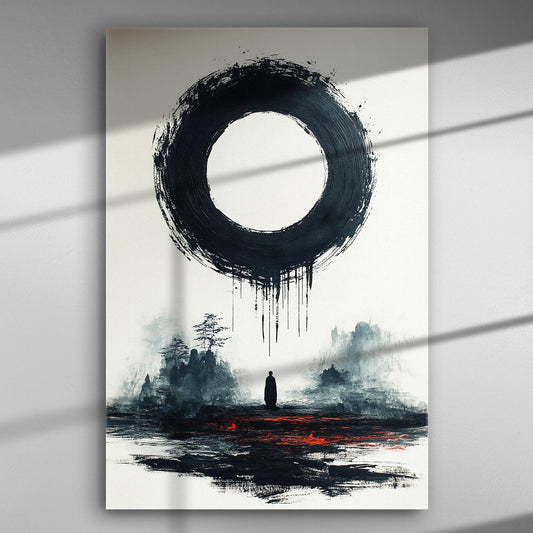 Abstract painting with a large black circle and a solitary figure below on canvas.