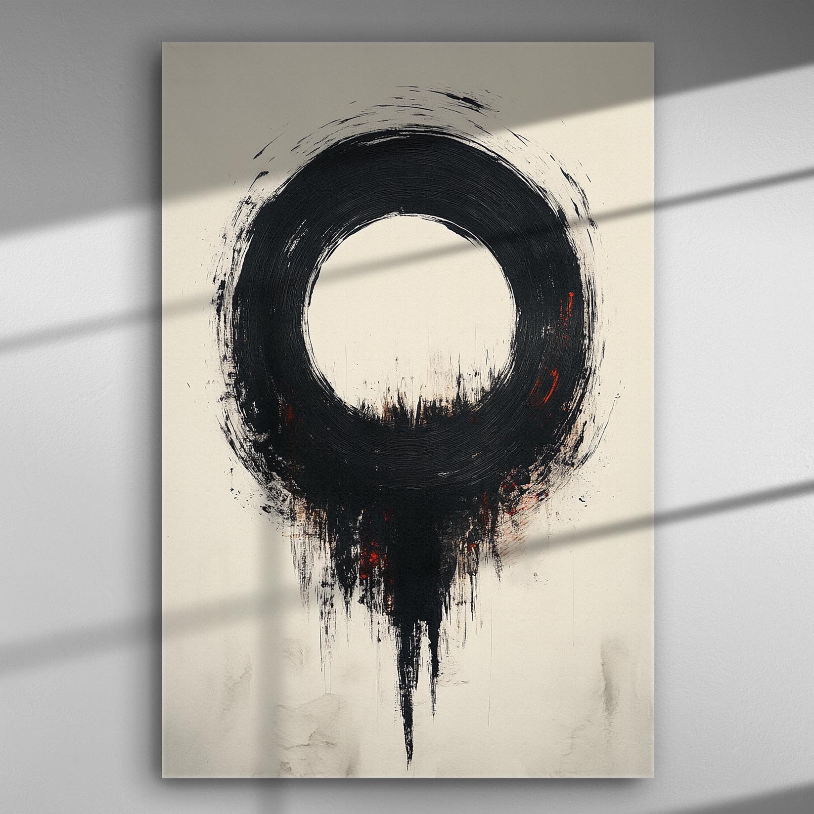 Abstract art canvas print featuring a bold black circle on a white background with subtle red accents.