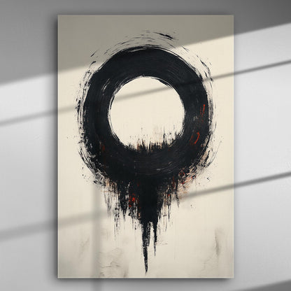 Abstract art canvas print featuring a bold black circle on a white background with subtle red accents.