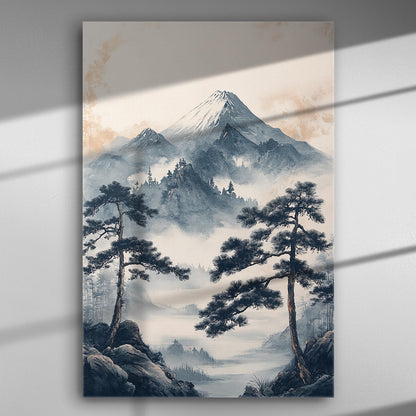 A canvas print of a misty mountain landscape with trees in the foreground.