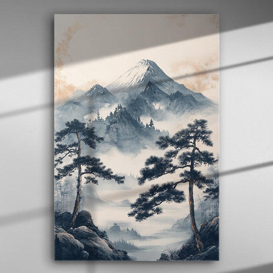 A canvas print of a misty mountain landscape with trees in the foreground.