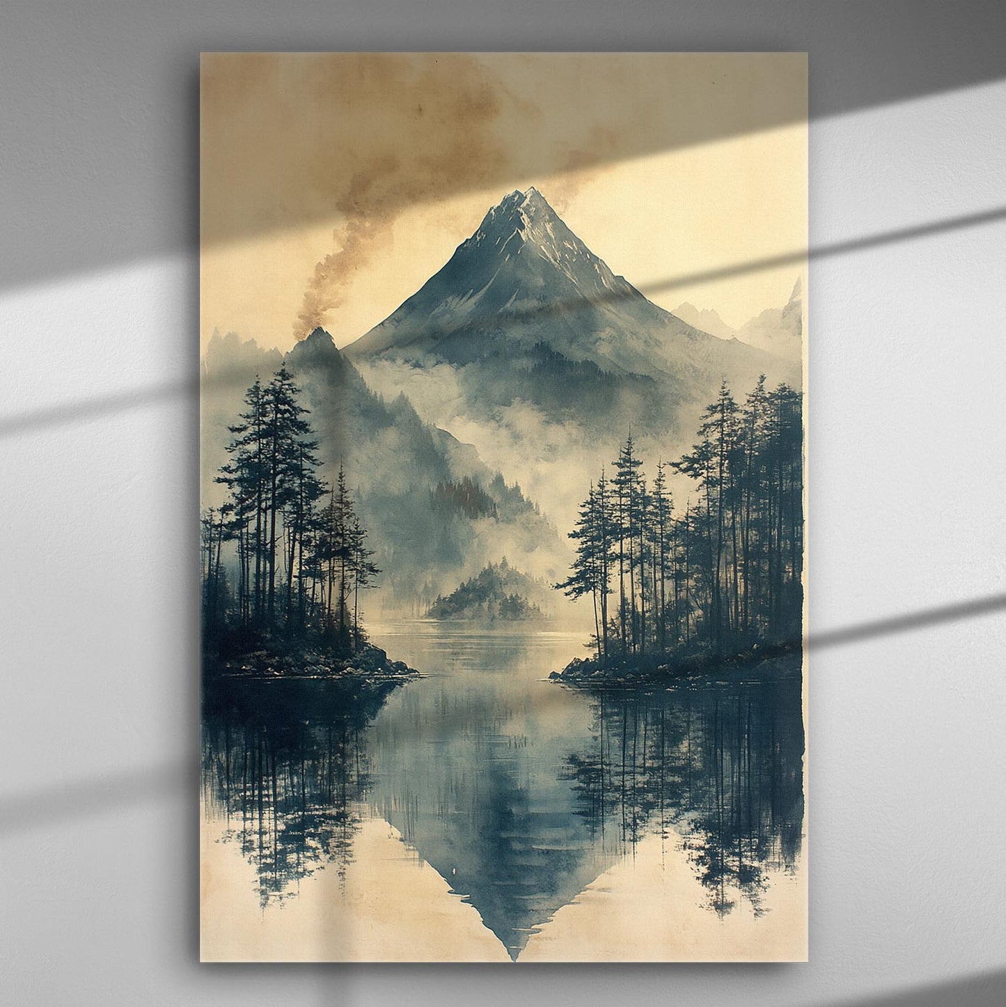 Canvas print featuring a majestic mountain surrounded by lush forests and mist, reflecting on a calm lake.