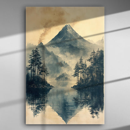 Canvas print featuring a majestic mountain surrounded by lush forests and mist, reflecting on a calm lake.