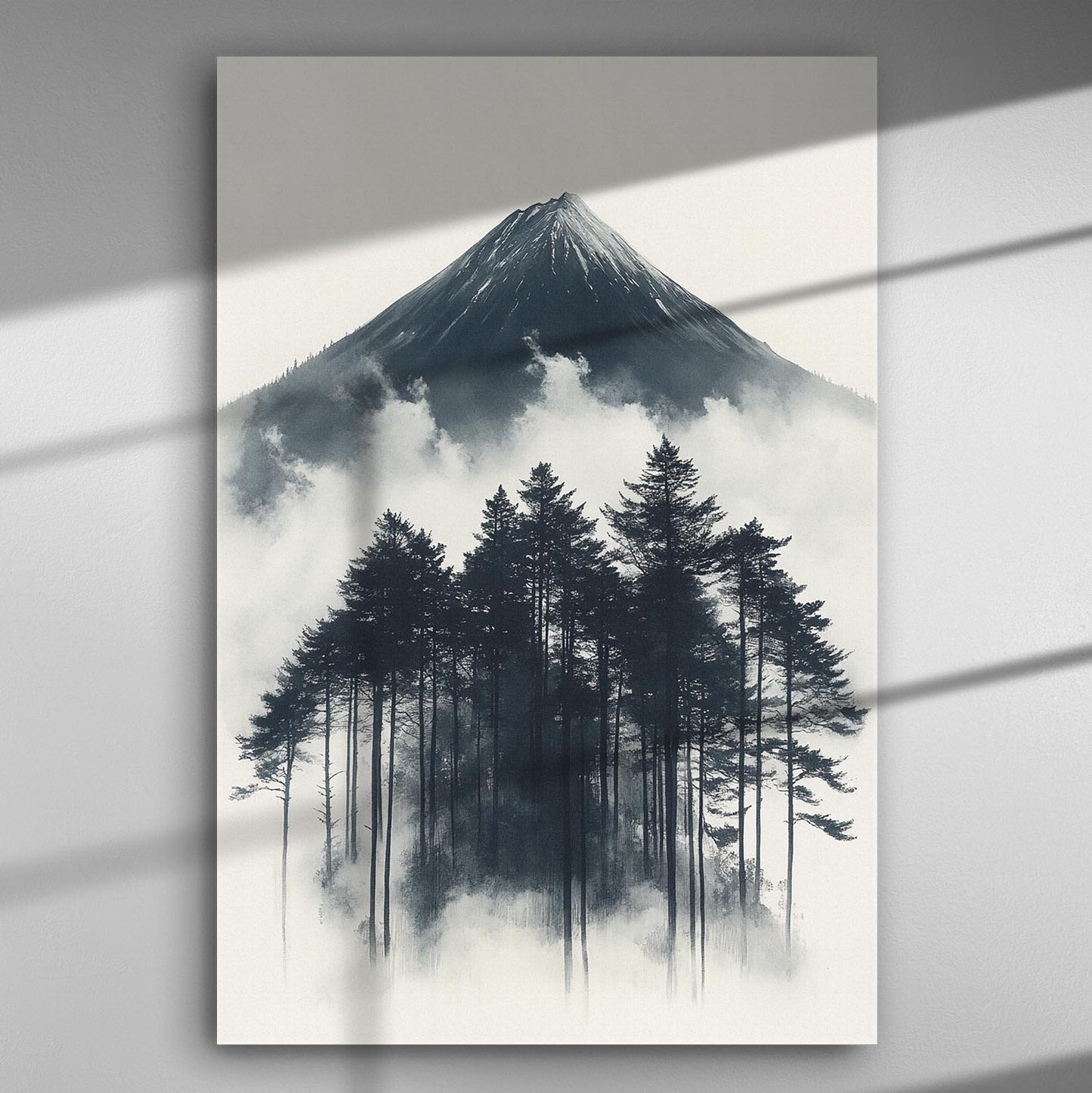 Canvas print of a mountain peak surrounded by clouds with tall trees in the foreground.