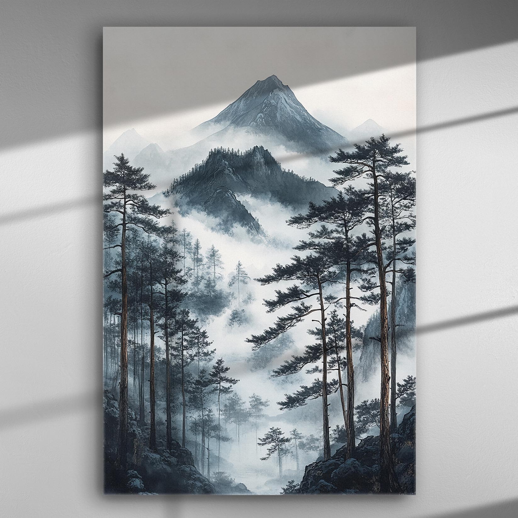 Mountain landscape with fog and trees, creating a serene and mystical atmosphere.
